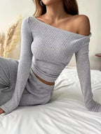Ribbed Knit Boat Neck Top Pants Set (12)