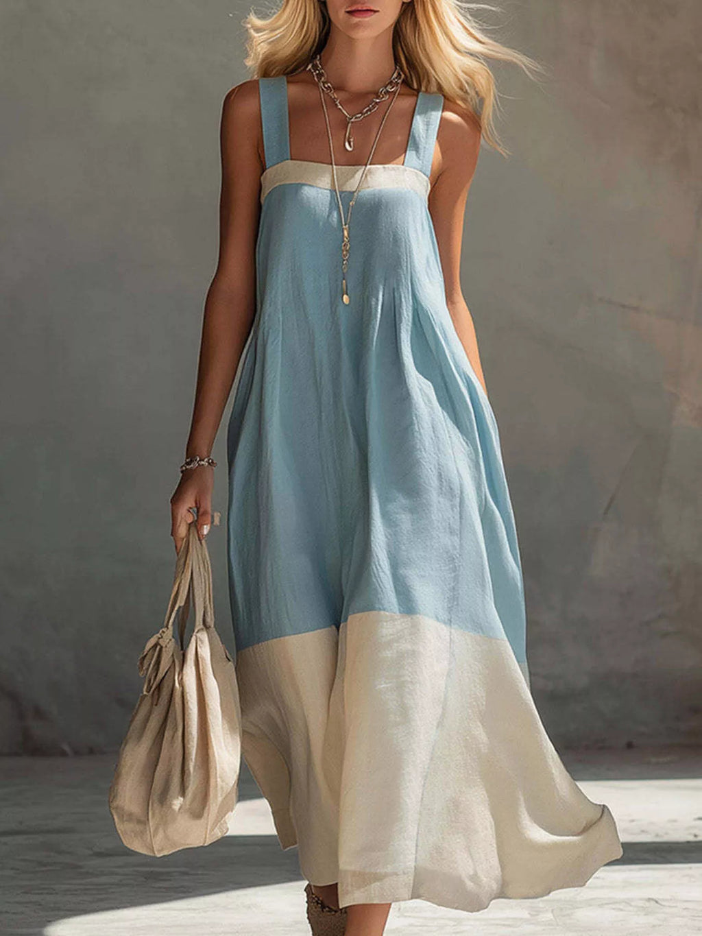 Color-block Sleeveless Linen-blend Midi Dress