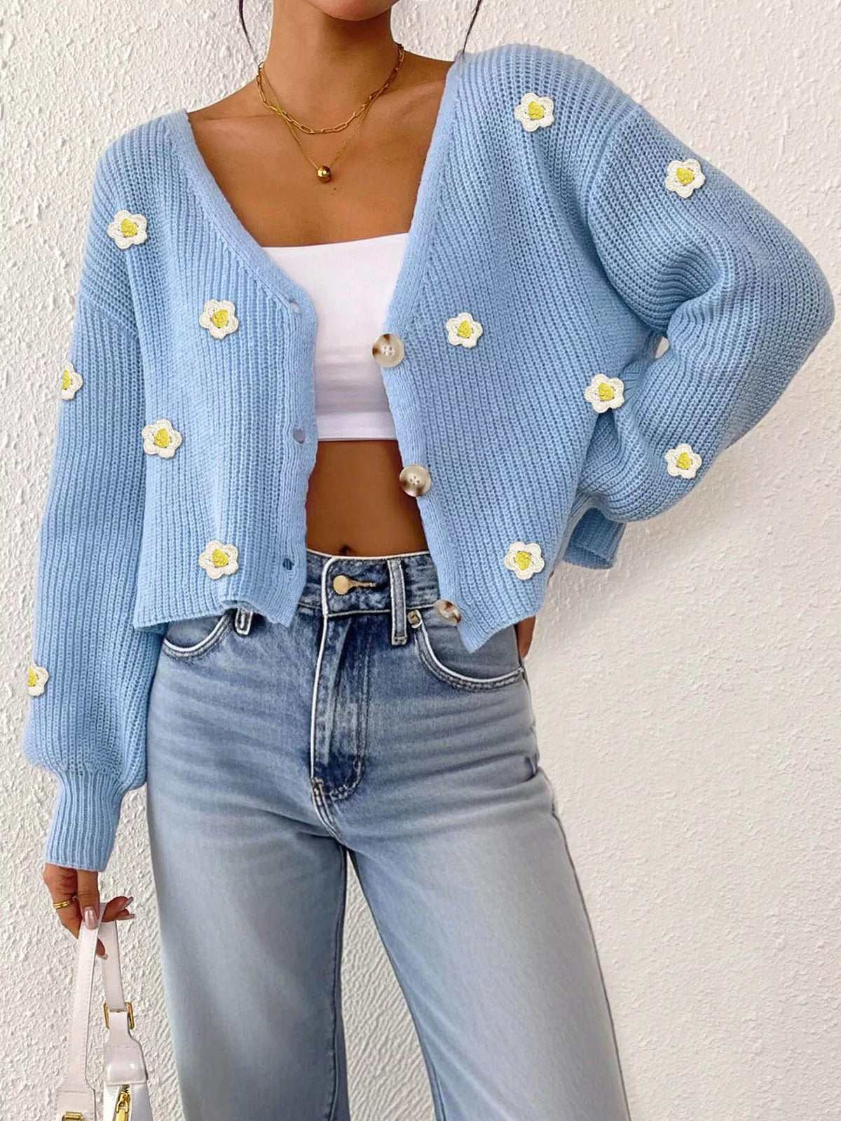 Floral V-neck Button-down Cropped Cardigan (9)