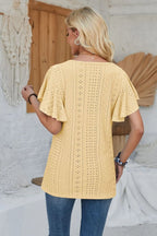 Eyelet Applique V-neck Cap Sleeve T-shirt (20)