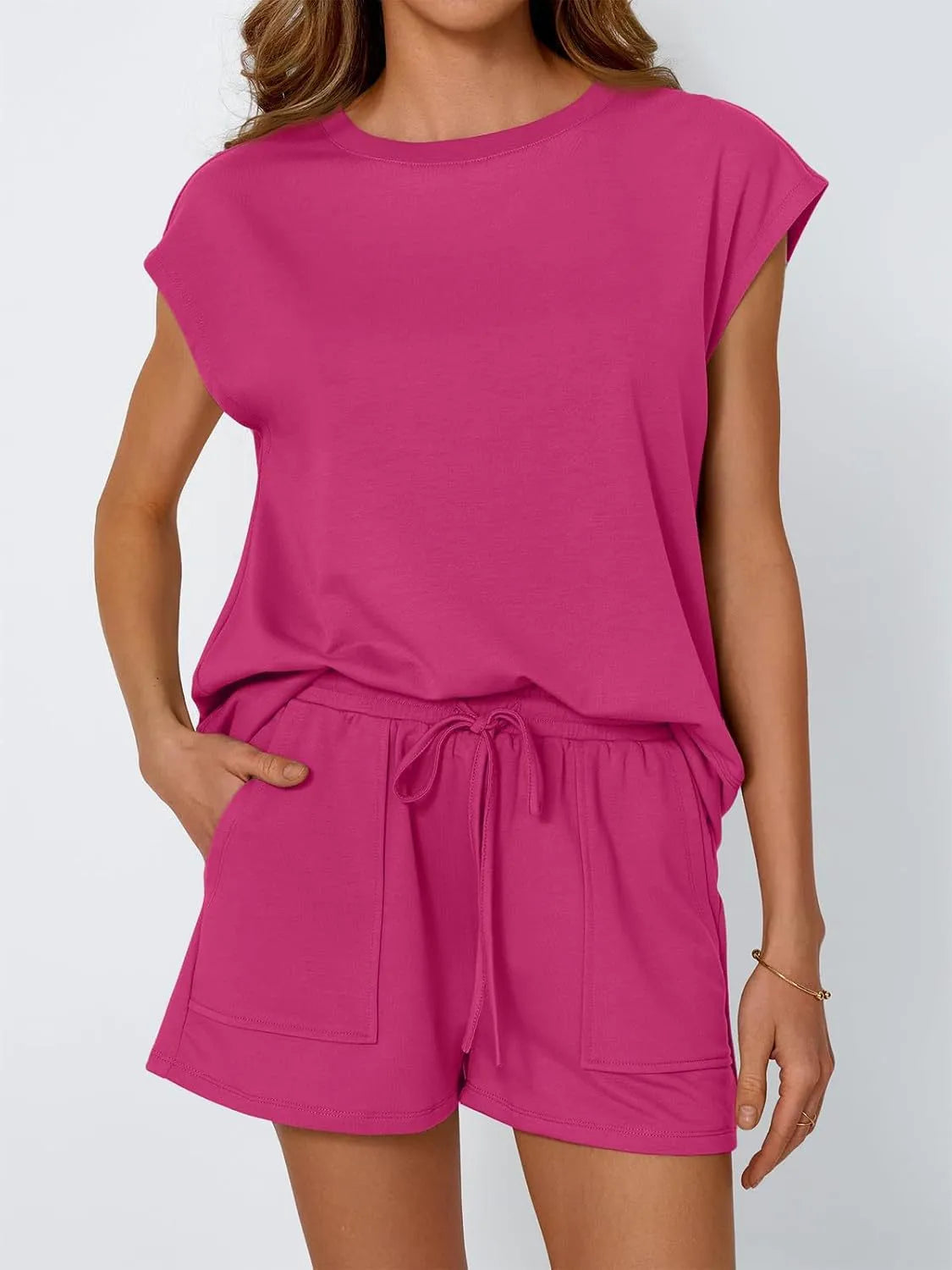 Round Neck Cap Sleeve Top Shorts Set (4)