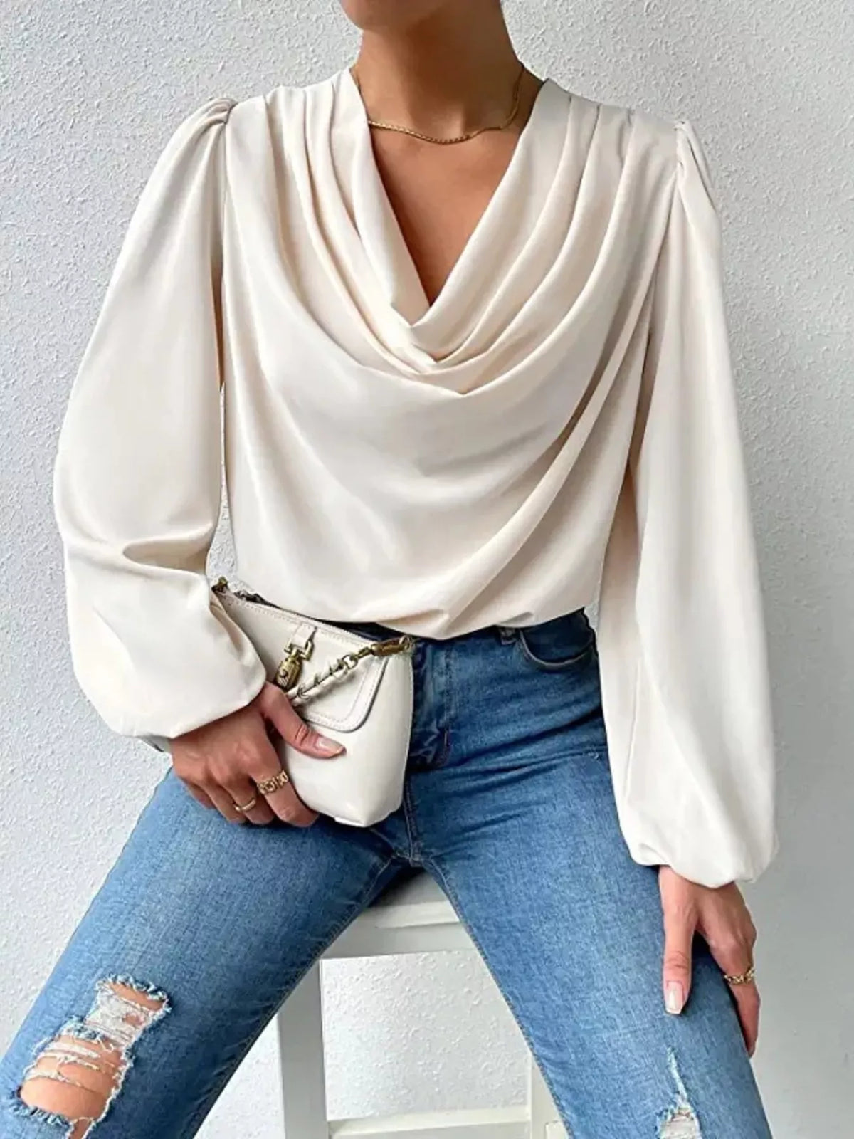 Full Size Cowl Neck Balloon Sleeve Blouse Plus