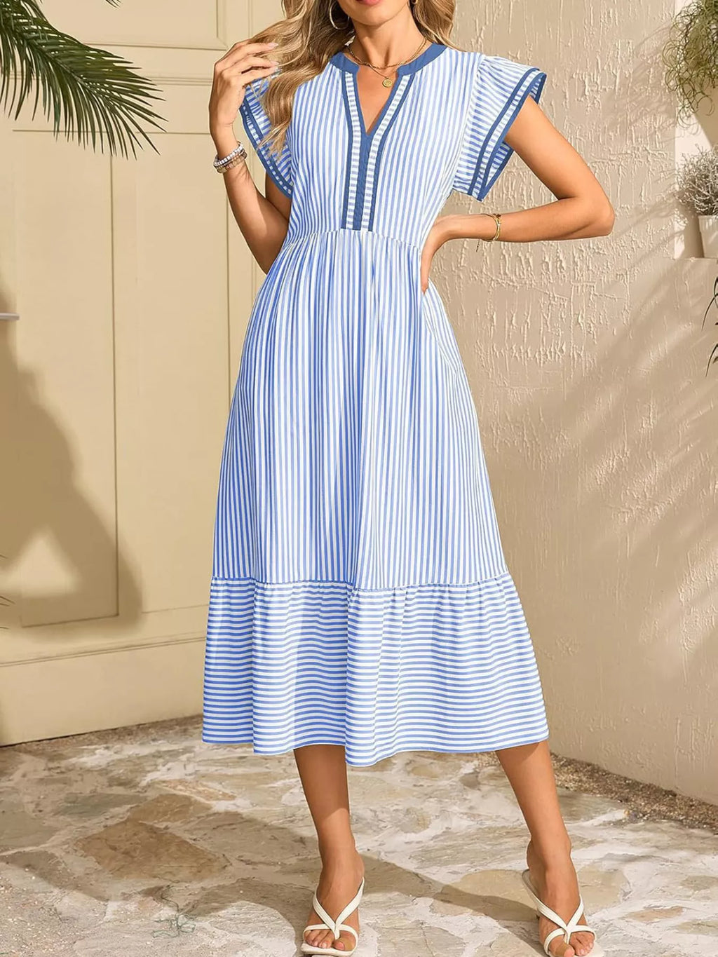 Striped Ruffle Sleeve Midi Dress (3)
