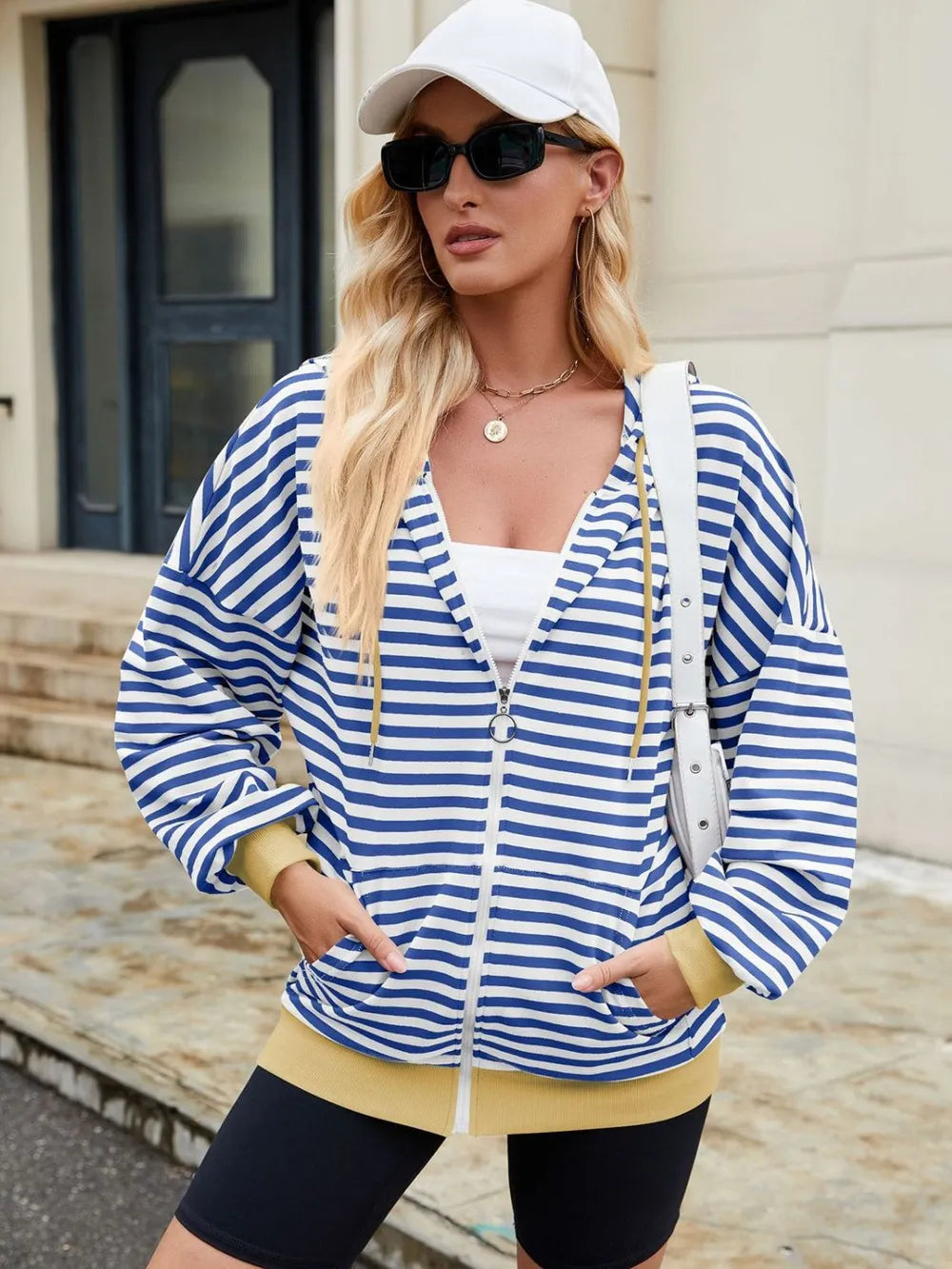 Drawstring Striped Zip Up Long Sleeve Hoodie (19)