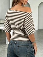 One Shoulder Striped Dolman Sleeve T-shirt (10)
