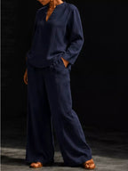Notched Long Sleeve Top Pants Set (23)