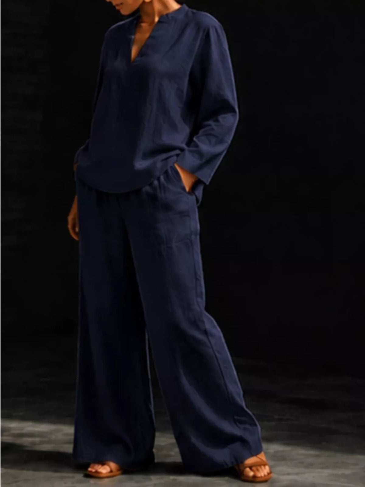 Notched Long Sleeve Top Pants Set (23)