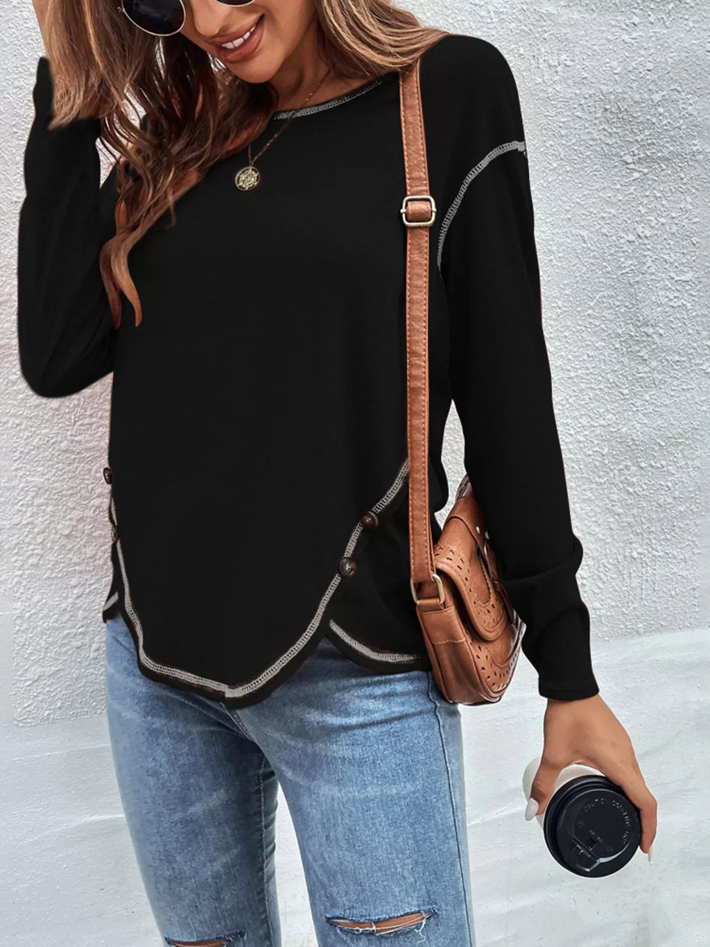 Casual Long Sleeve Exposed Seam T-shirt Decor Button (4)
