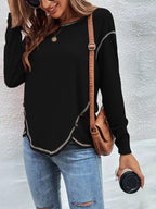 Casual Long Sleeve Exposed Seam T-shirt Decor Button (4)