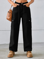 Drawstring Mid-rise Waist Straight Cargo Jeans (3)