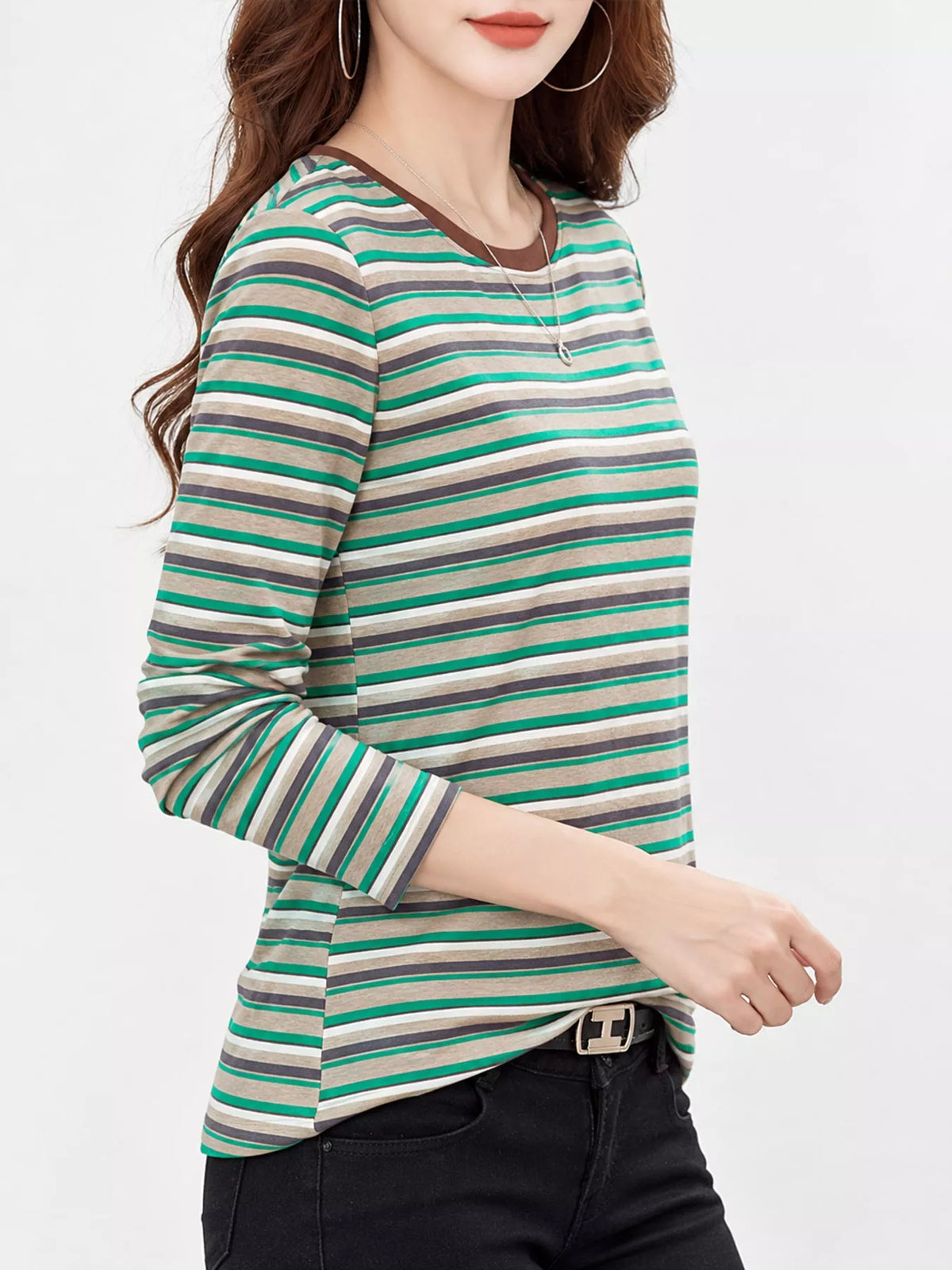 Full Size Long Sleeve Striped Crew Neck Casual T-shirt Plus (8)