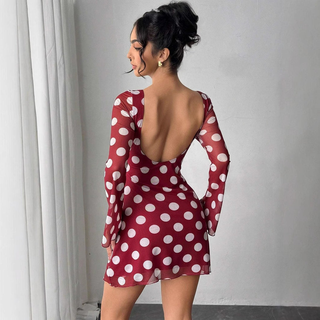Polka Dot Backless Mesh Flare Sleeve Mini Dress photo 2