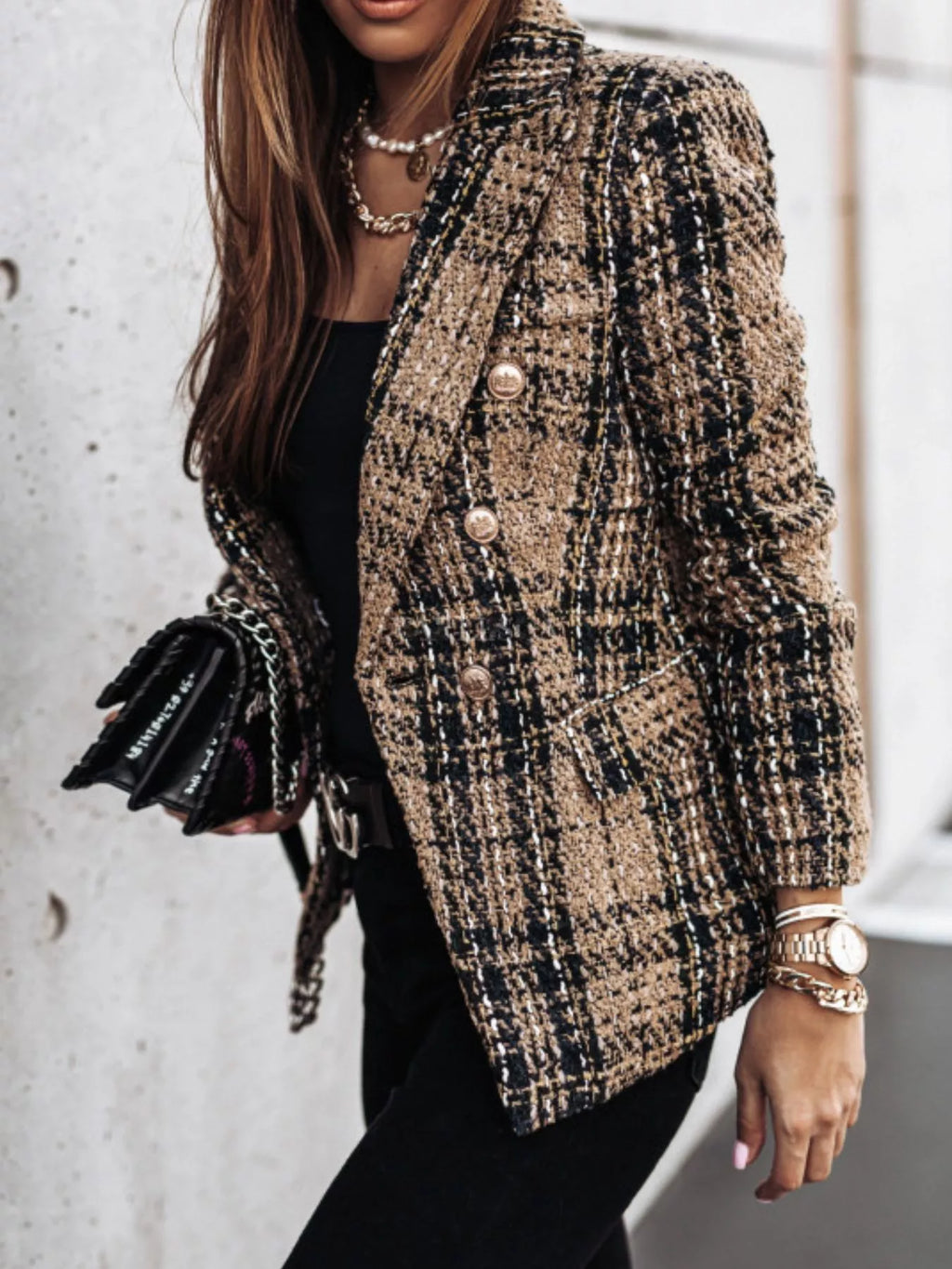 Full Size Plaid Tweed Double-breasted Blazer Plus (10)