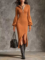Ribbed Knit Quarter-zip Lantern Sleeve Sweater Dress