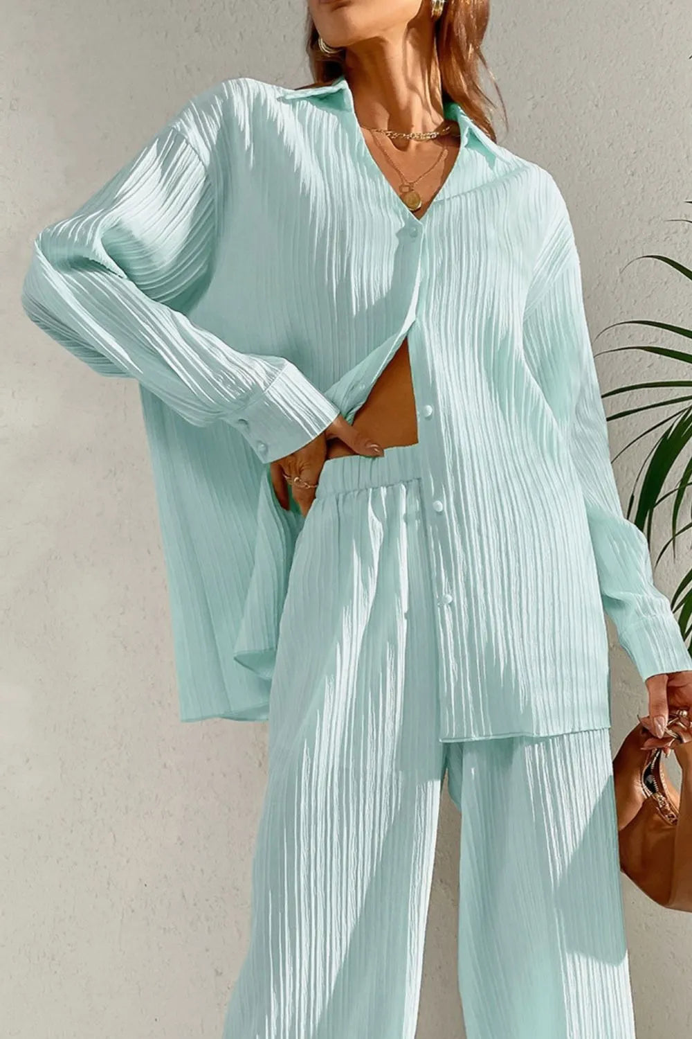 Johnny Collar Button Down Top Pants Set (6)