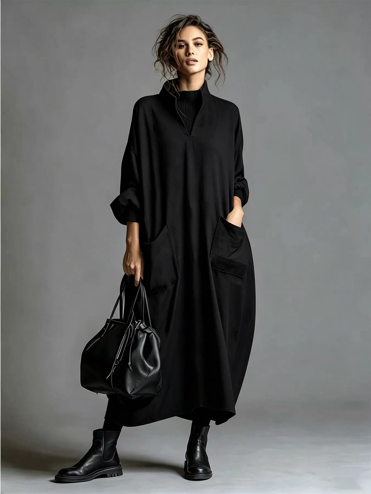 Full Size Loose-fit Mock Neck Midi Dress Pockets Plus (20)