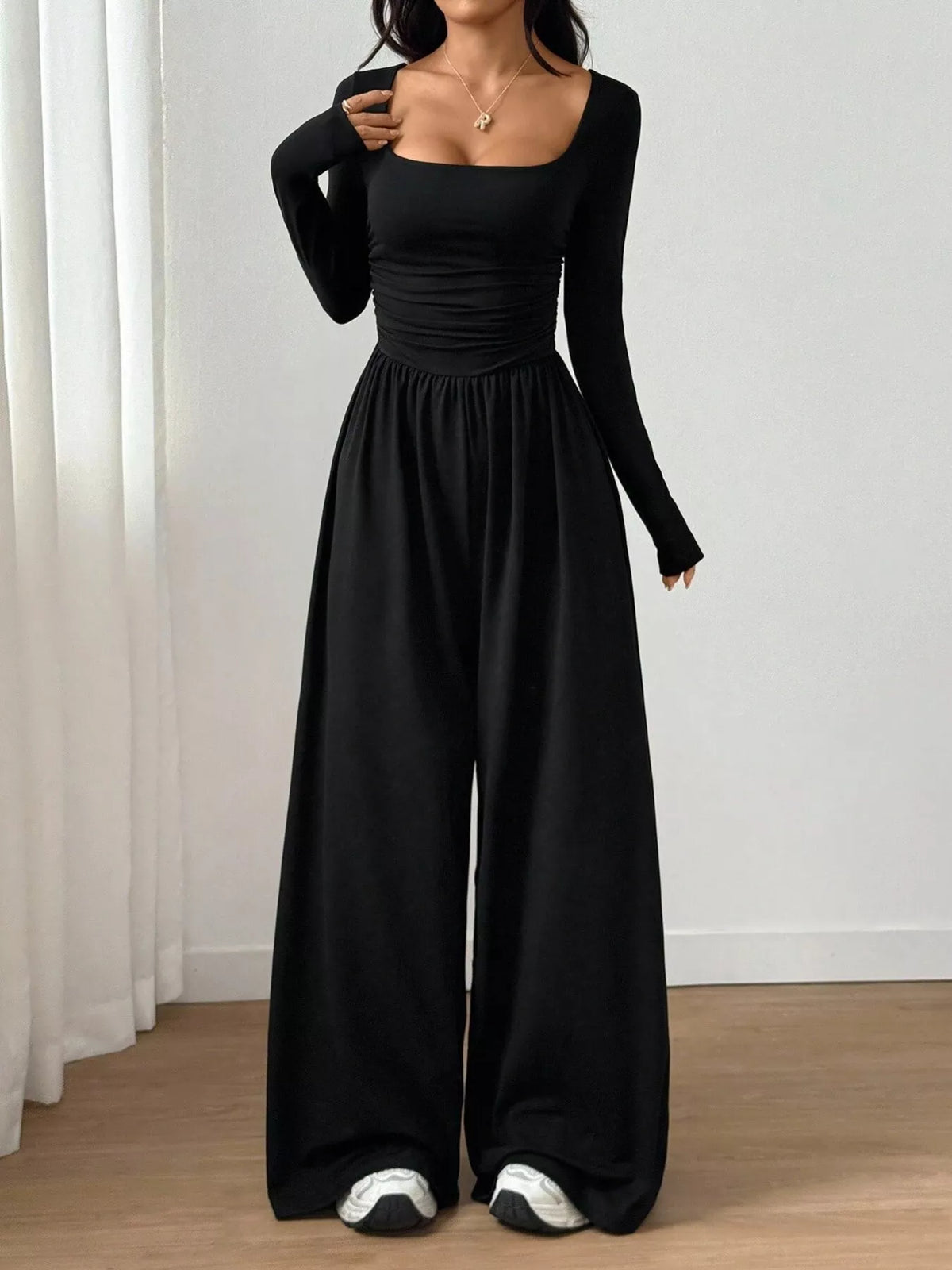 Ruched Square Neck Wide-leg Jumpsuit