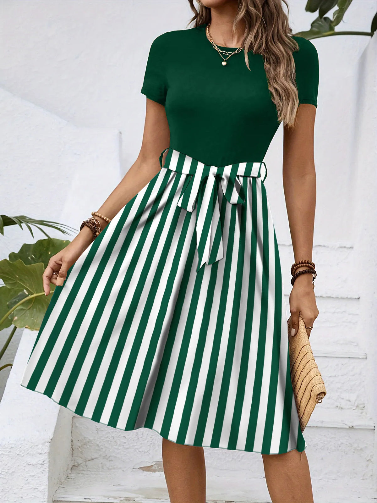Striped Round Neck Short Sleeve Dress (9)