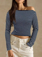 Off-shoulder Striped Ribbed Long Sleeve T-shirt (19)