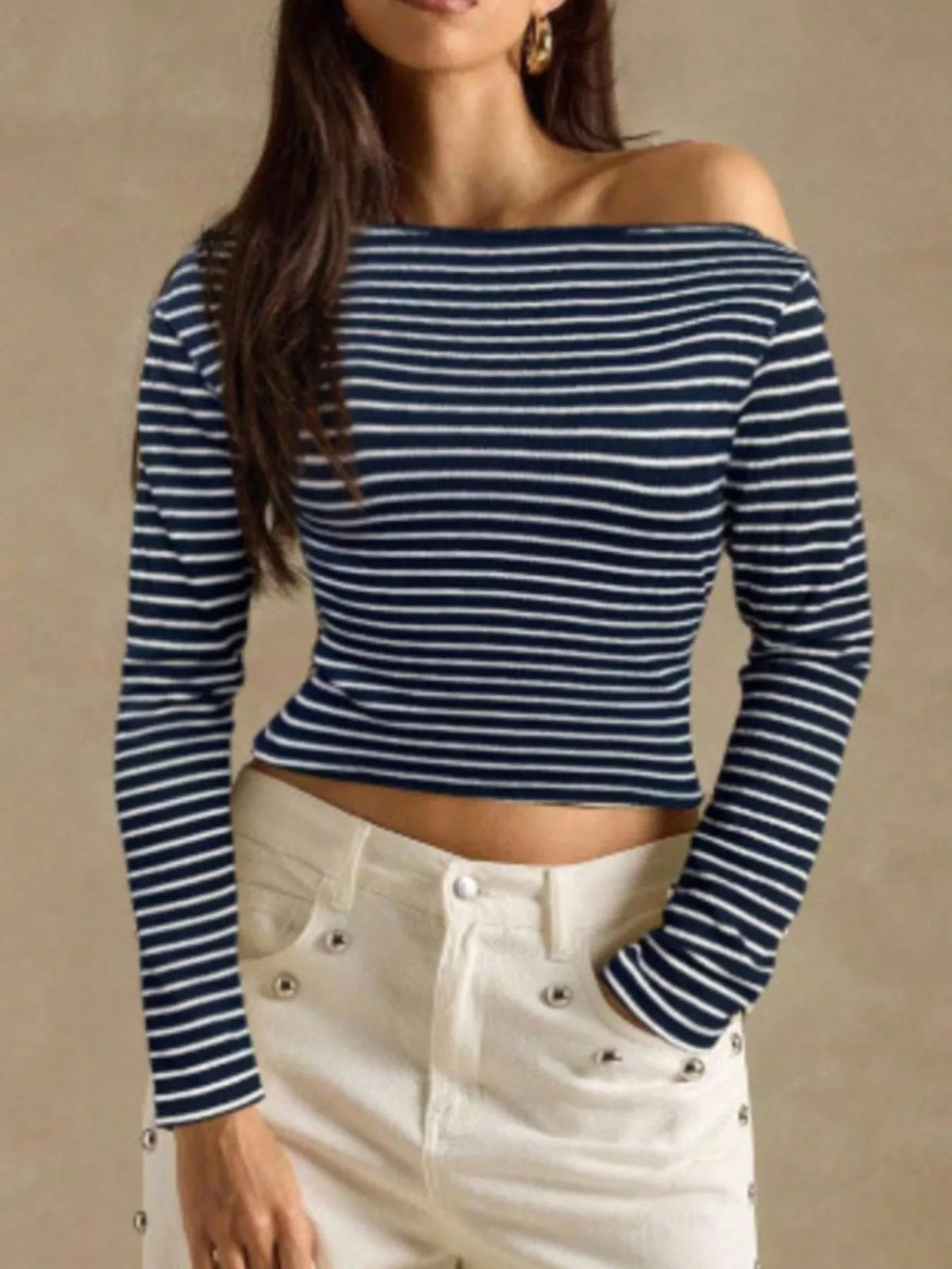 Off-shoulder Striped Ribbed Long Sleeve T-shirt (19)