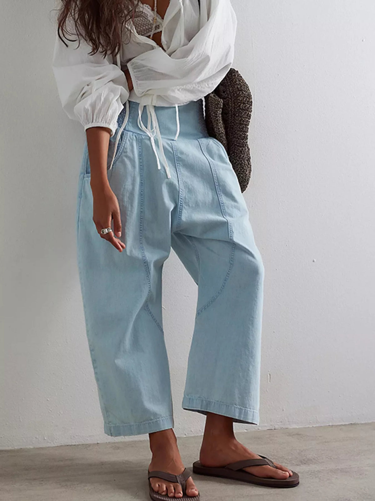 Smocked High-waisted Wide Leg Jeans