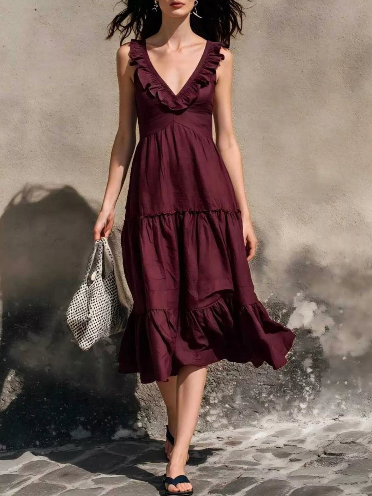 Full Size Ruffled V-neck Tiered Midi Dress Plus (7)