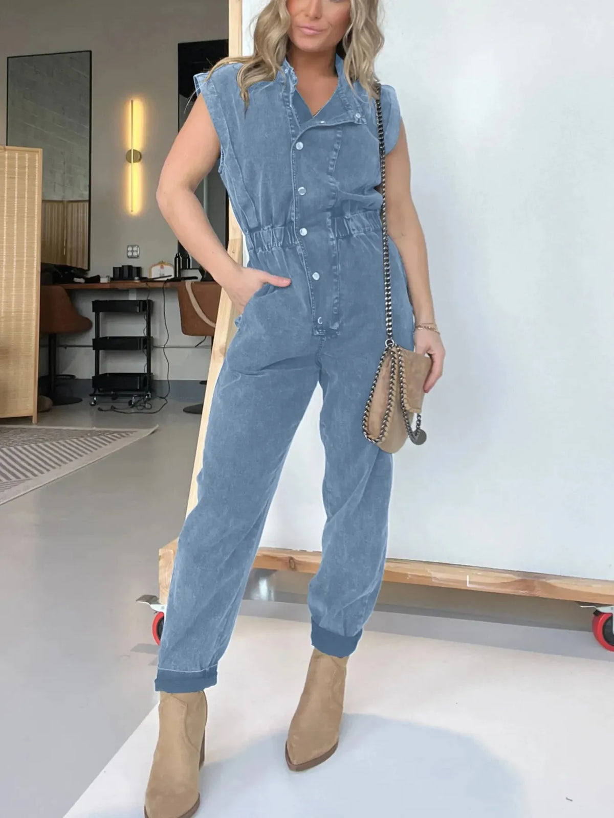 Full Size Button Front Cap Sleeve Denim Jumpsuit Plus (12)
