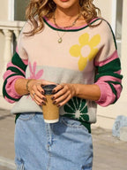 Floral Striped Sleeve Round Neck Sweater (10)