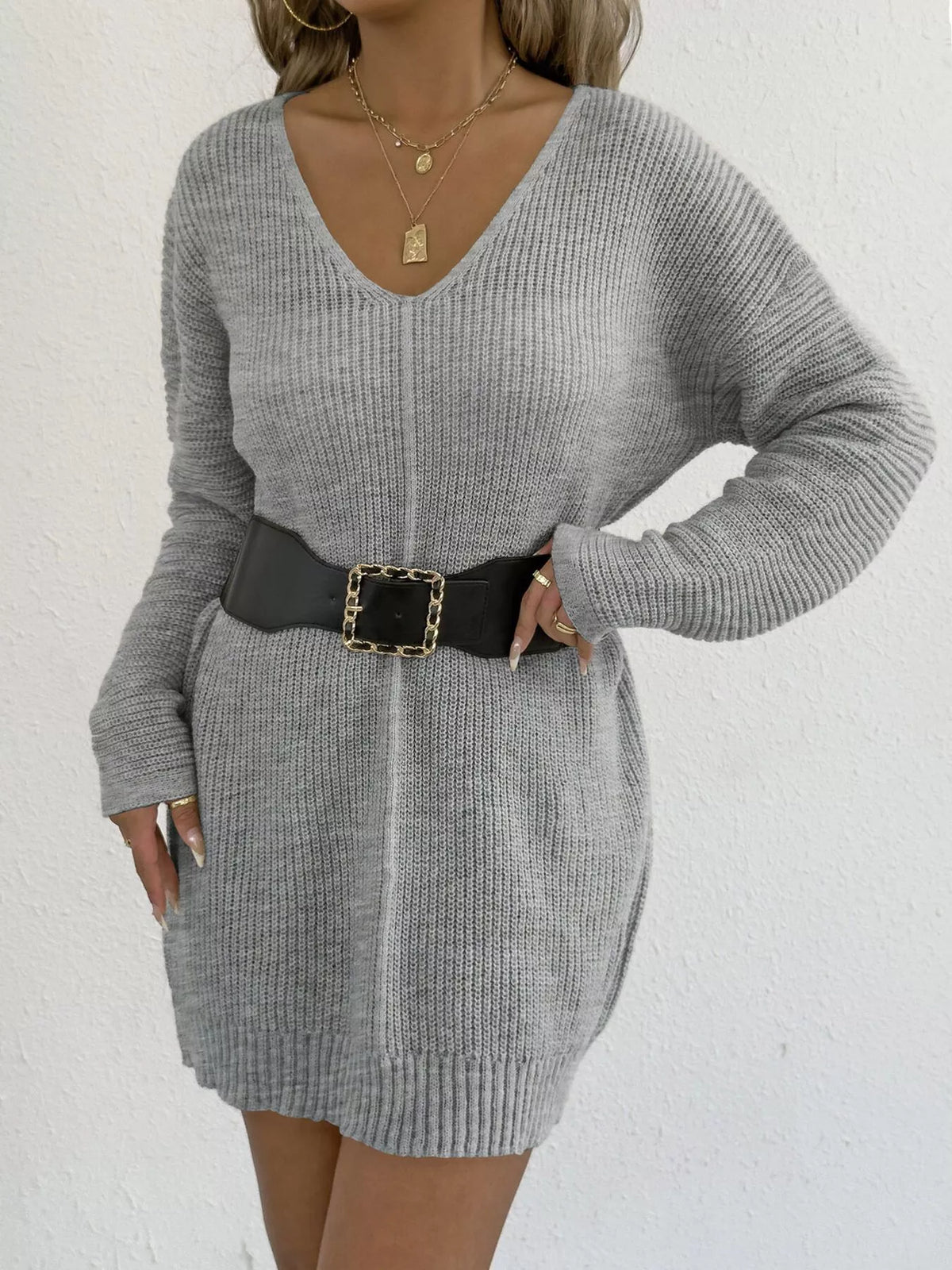 V-neck Ribbed Knit Sweater Dress (3)
