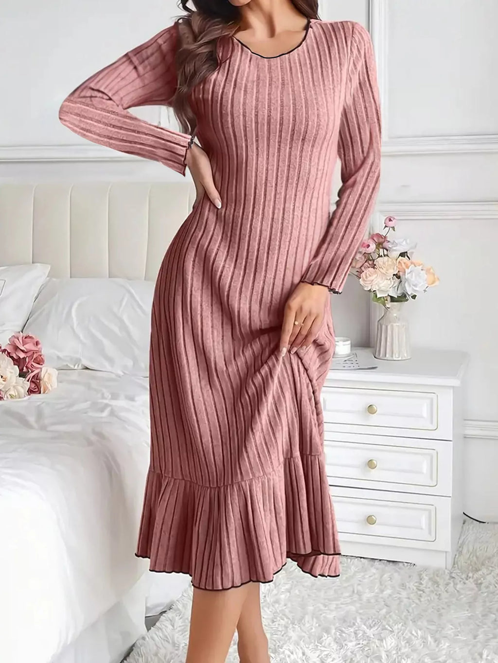 Full Size Ribbed Knit Ruffle Hem Bodycon Dress Plus (4)