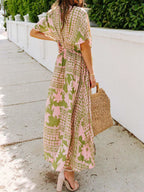 Floral Print V-neck High Slit Maxi Dress (5)