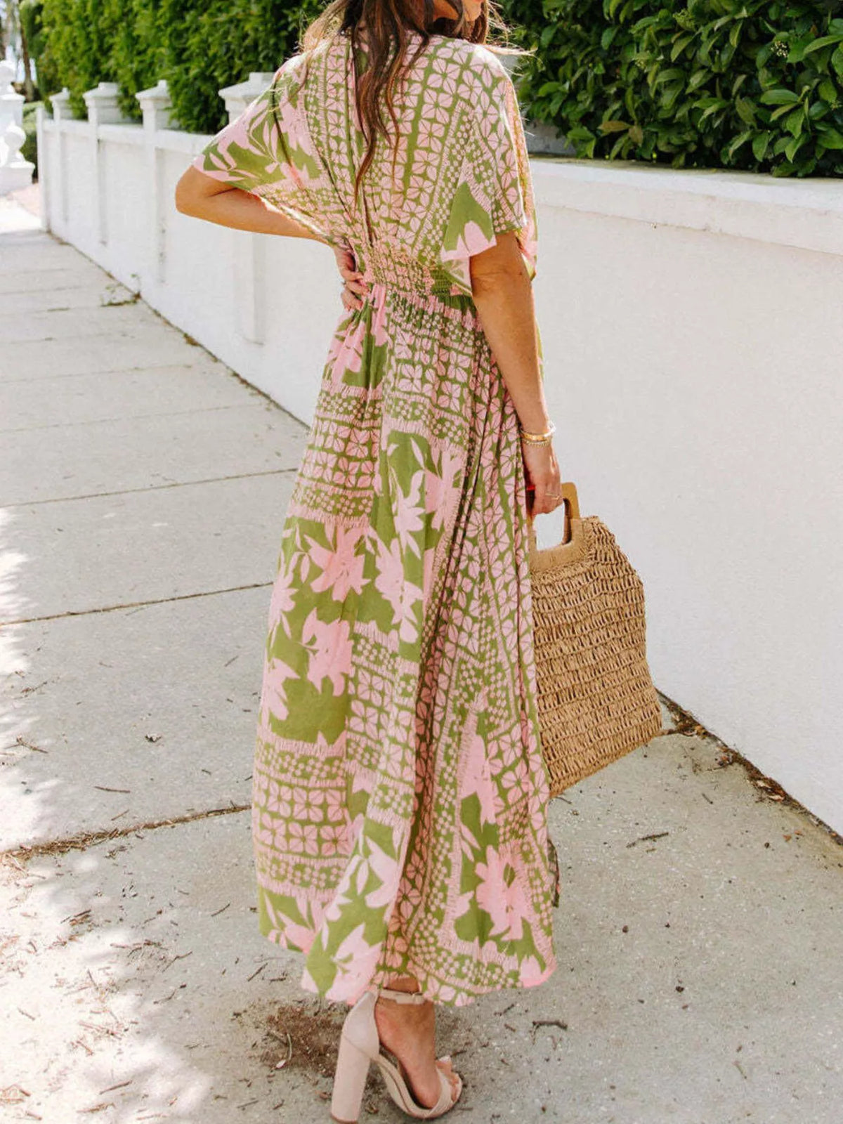 Floral Print V-neck High Slit Maxi Dress (5)