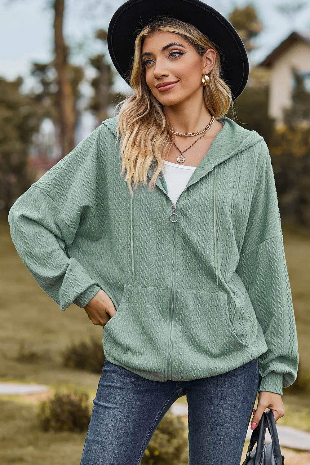 Drawstring Zip Up Dropped Shoulder Hoodie (27)
