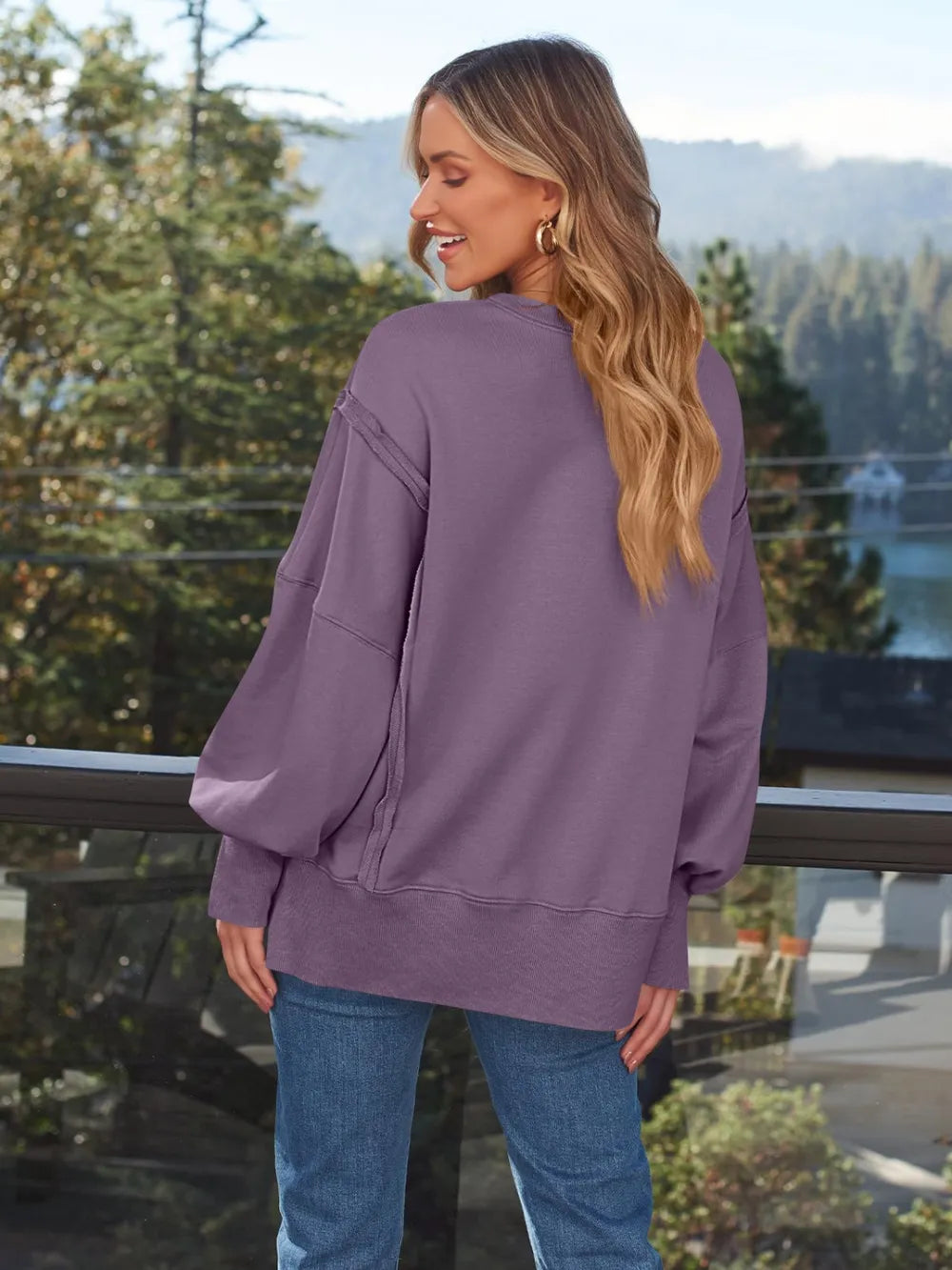 Slit Round Neck Long Sleeve Sweatshirt (17)