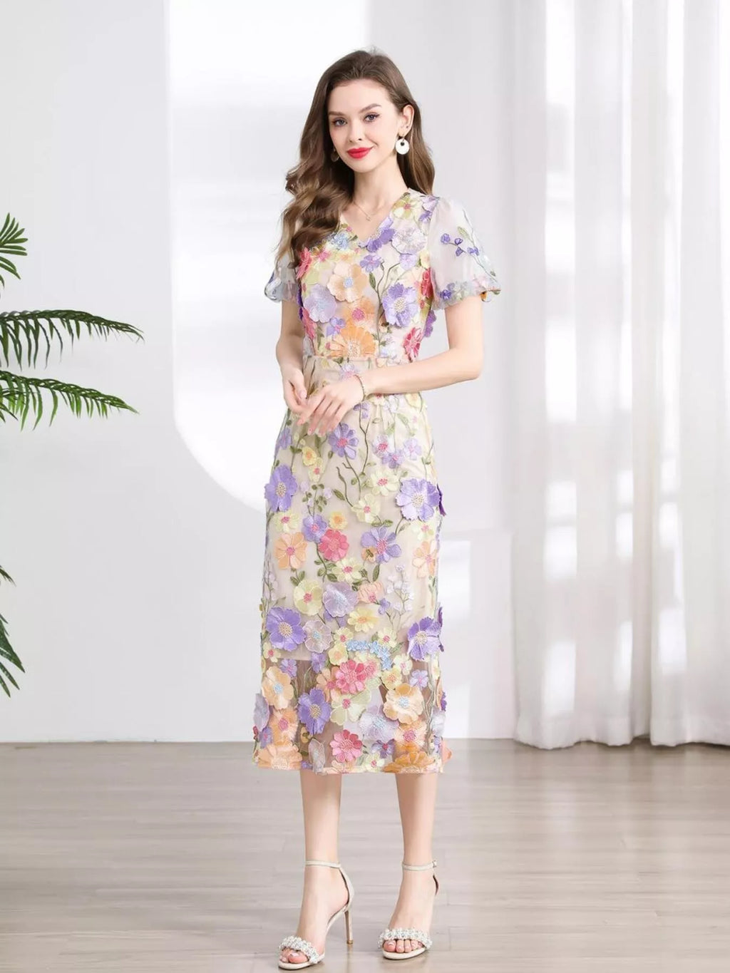 Floral Embroidered Puff Sleeve Midi Dress (2)