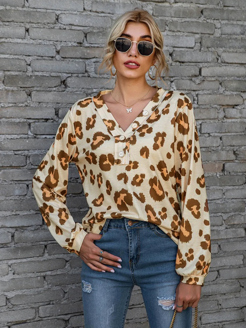 Leopard V-neck Decorative Button Long Sleeve Blouse (3)