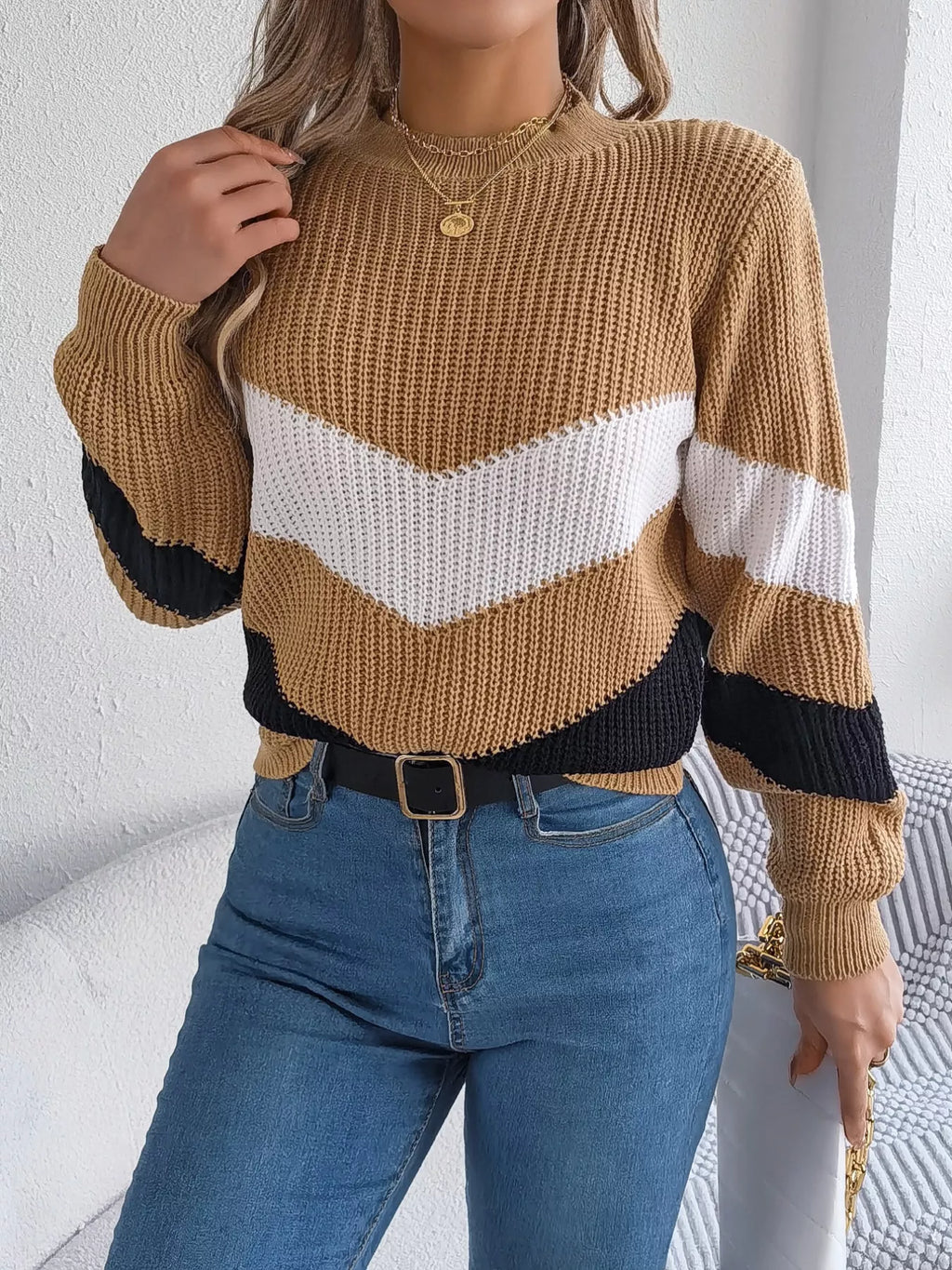 Chevron Stripe Block Round Neck Sweater (16)