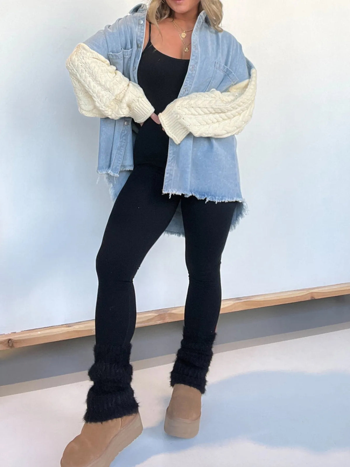 Full Size Raw Hem Button Up Patchwork Denim Jacket Plus (3)