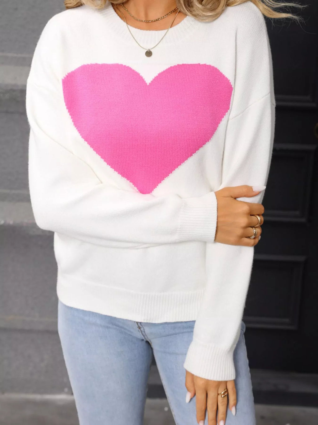 Valentine's Day Heart Round Neck Dropped Shoulder Sweater (2)