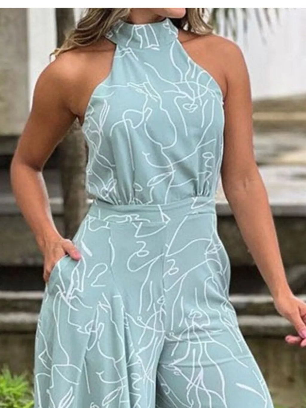 Halter Neck Abstract Print Wide Leg Jumpsuit (5)