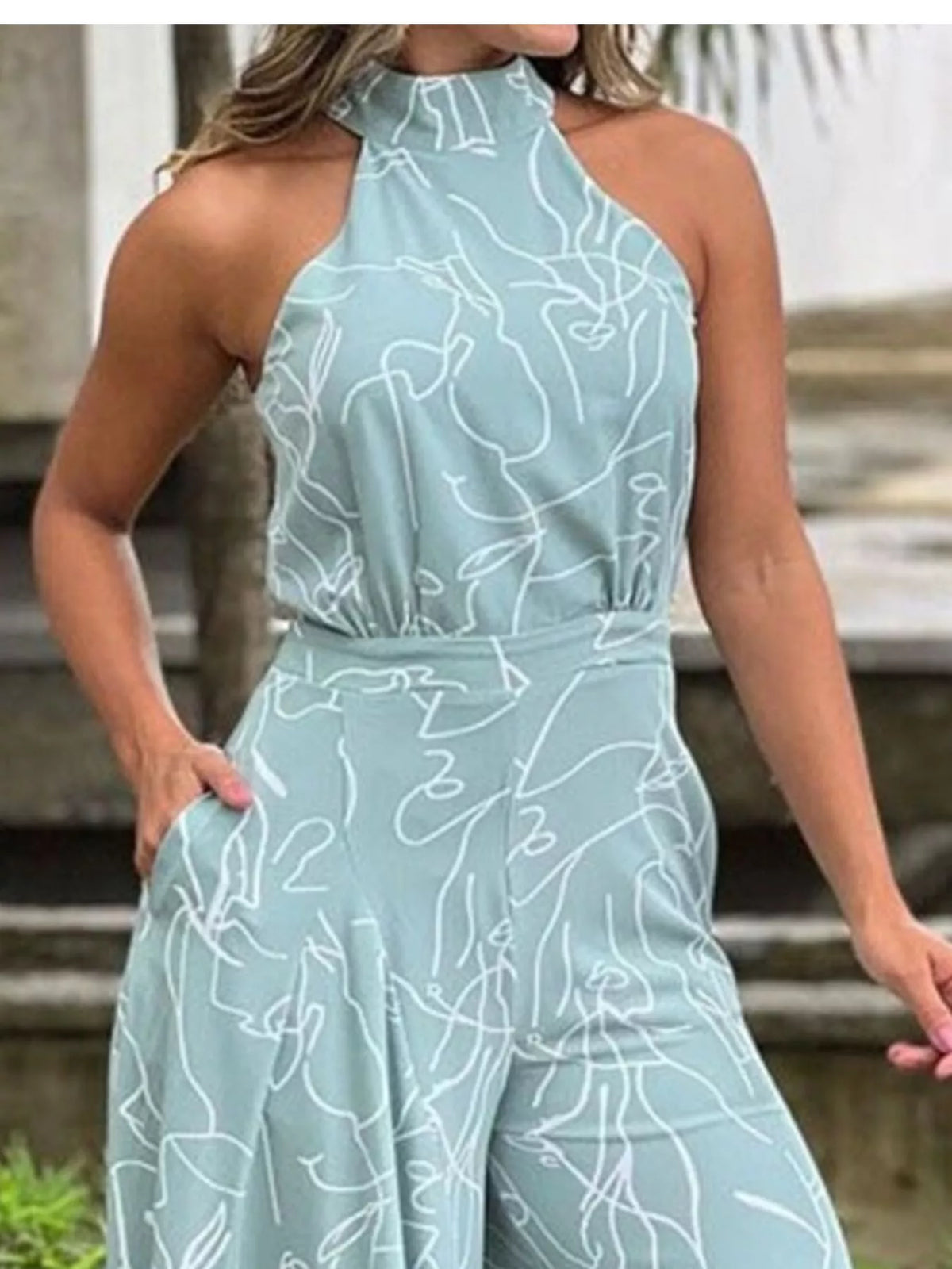Halter Neck Abstract Print Wide Leg Jumpsuit (5)