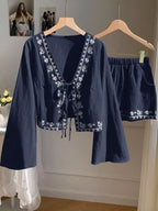 Embroidered Tie-front Top Shorts Set (17)