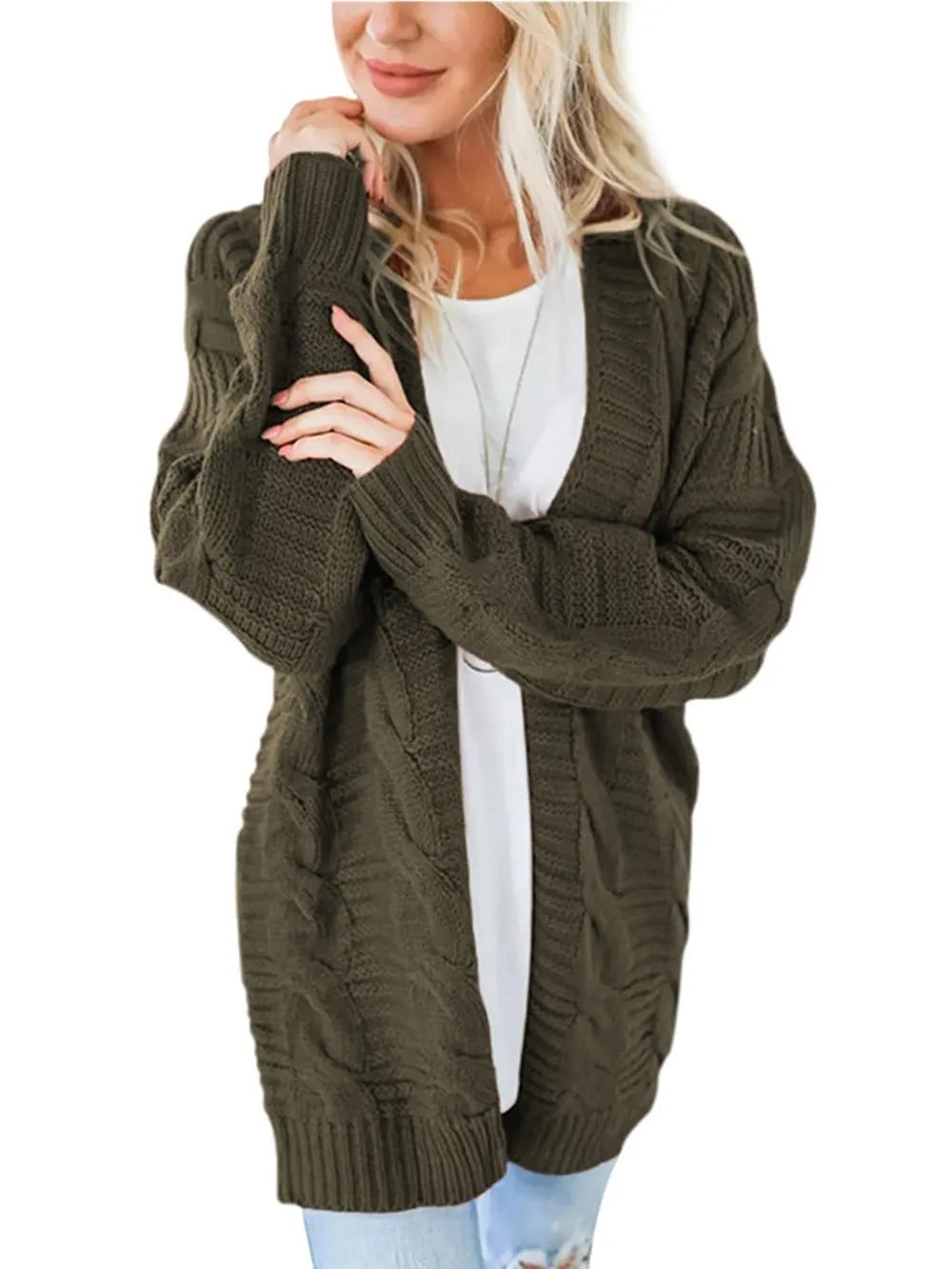 Cable-knit Open Front Long Sleeve Cardigan (3)