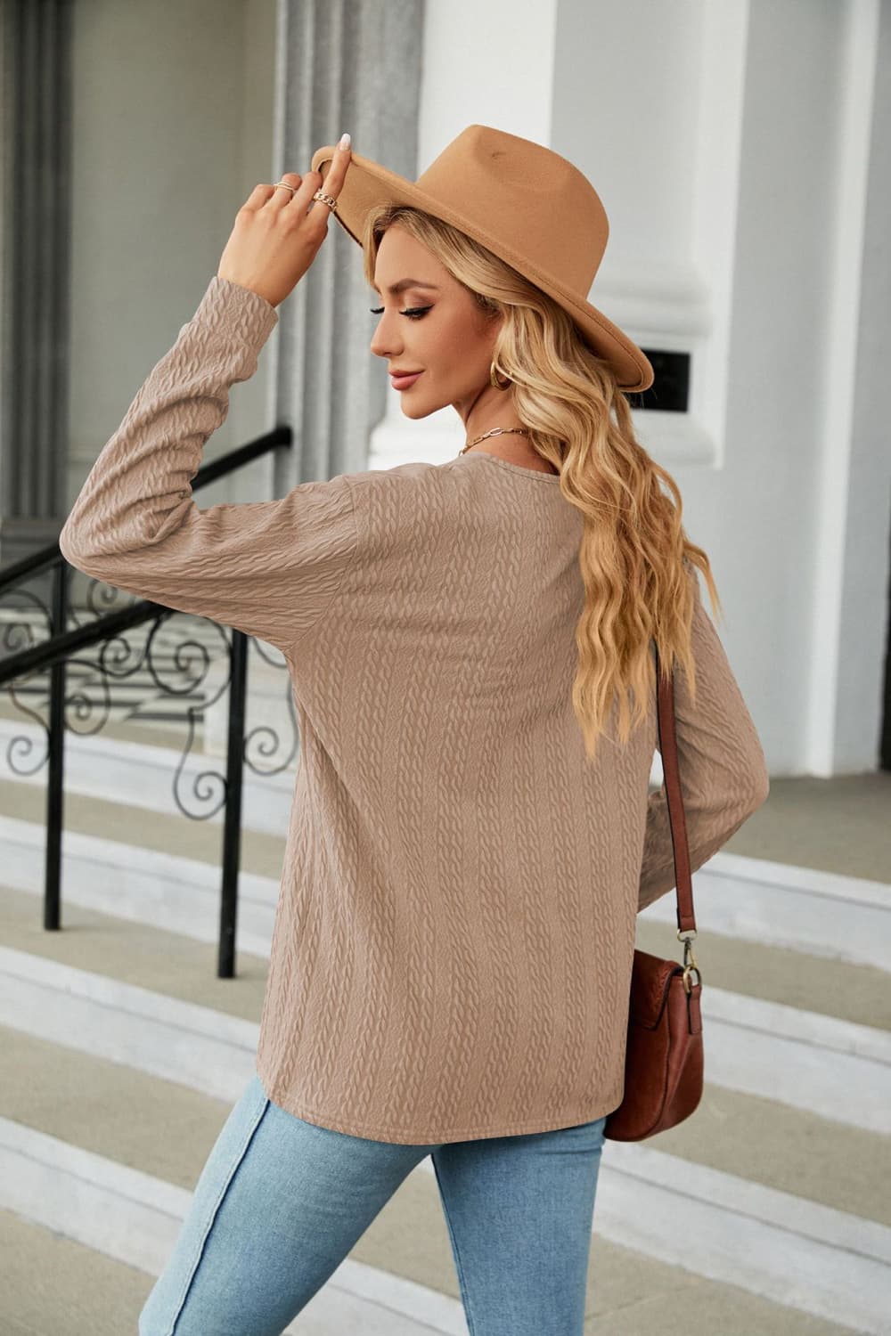 Decorative Button V-neck Long Sleeve T-shirt (18)