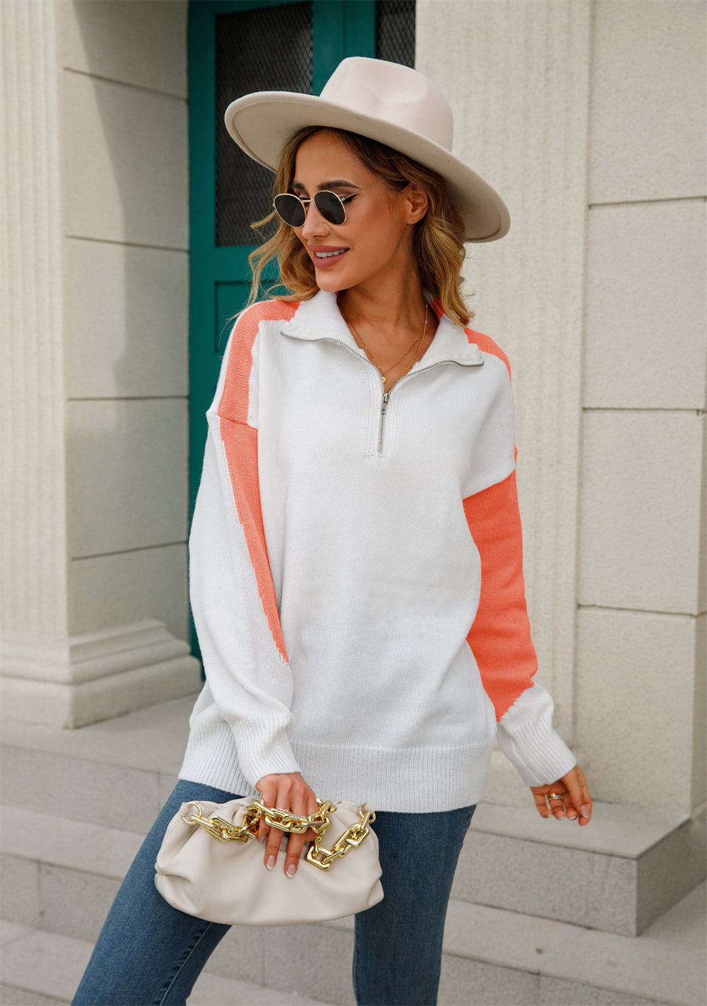Two-tone Collared Neck Dropped Shoulder Knit Top (9)