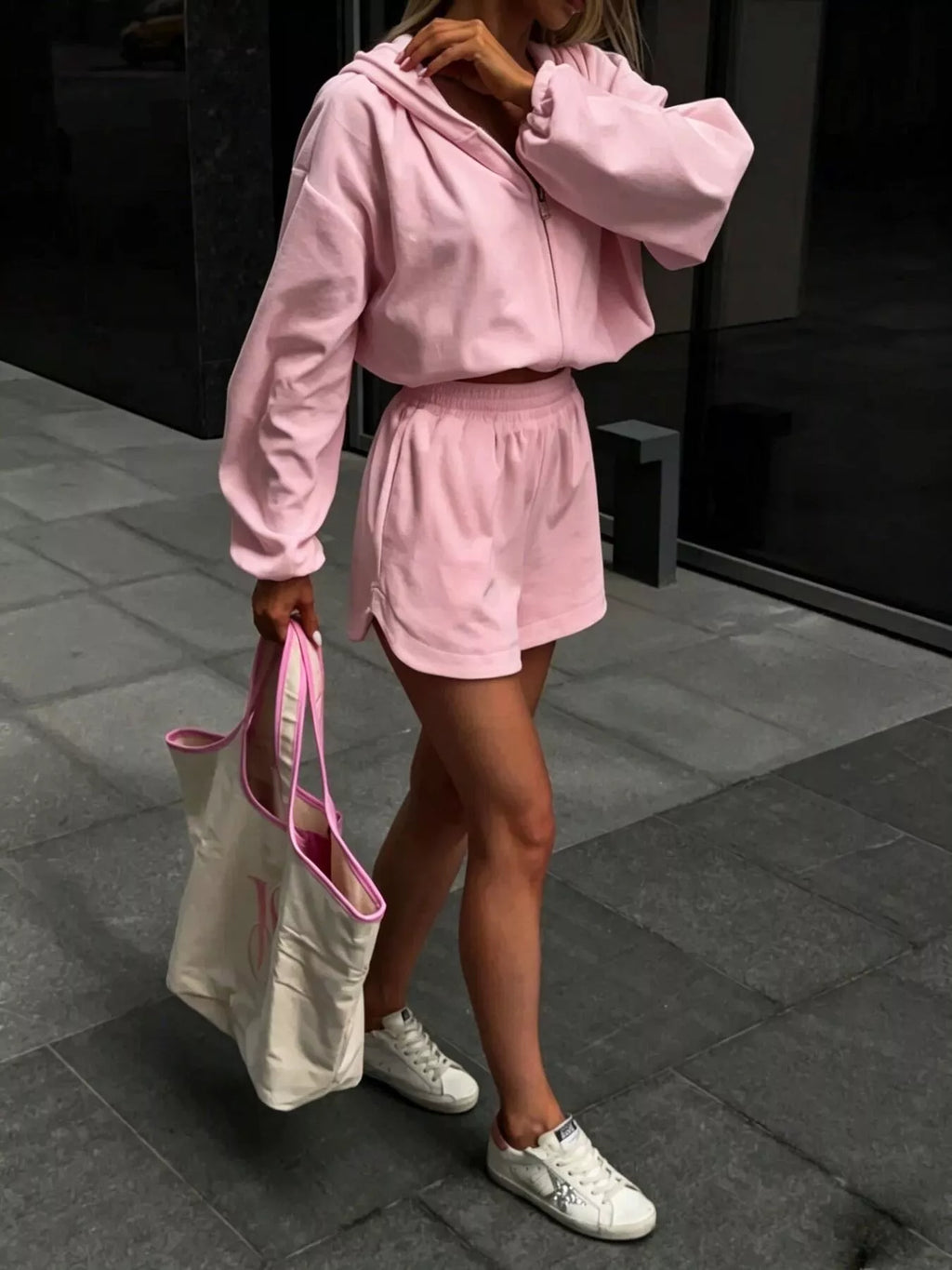 Zip Up Crop Hoodie Shorts Set (6)