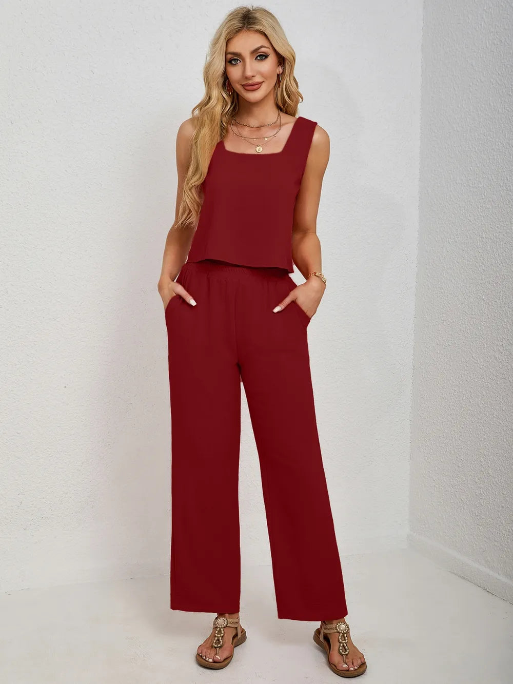 Square Neck Tank Wide Leg Pants Set (20)