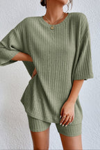 Round Neck Ribbed Top Shorts Lounge Set (3)
