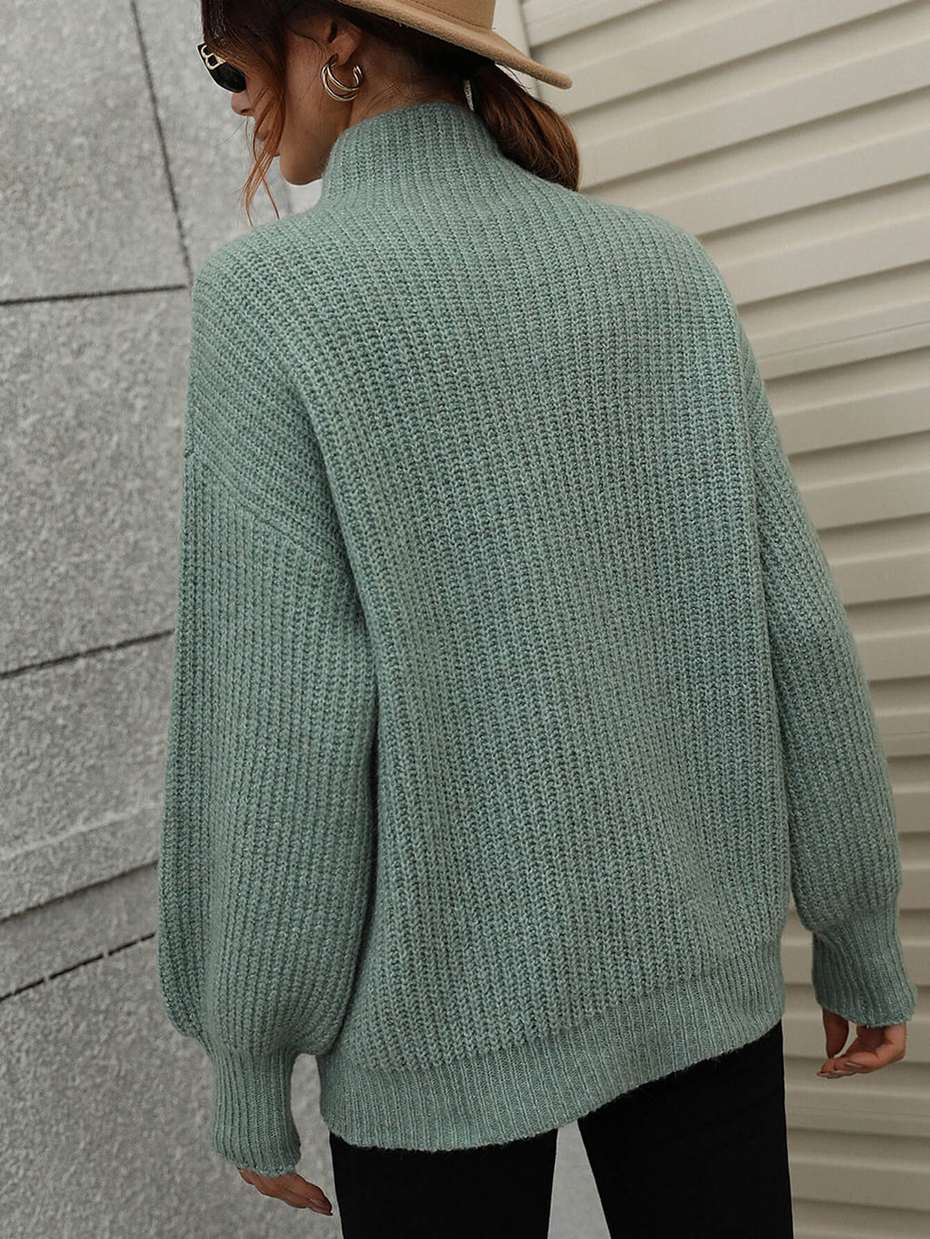 High Neck Balloon Sleeve Rib-knit Pullover Sweater (20)