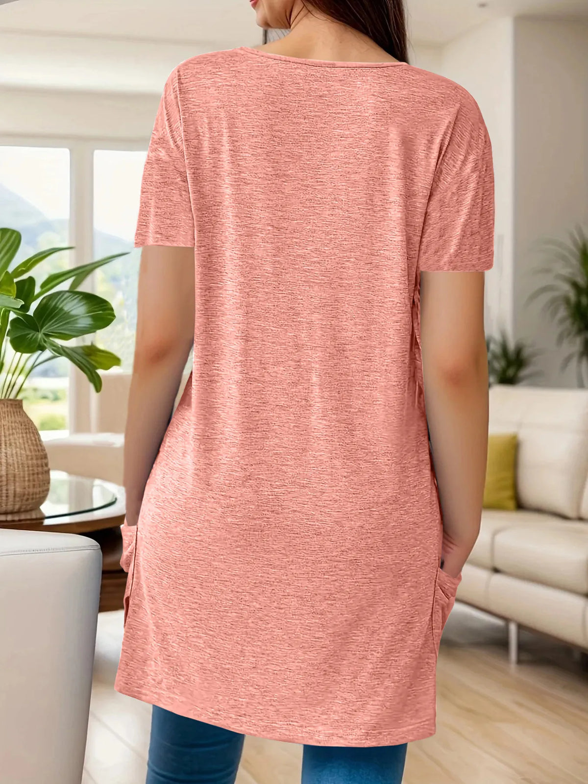 Full Size V-neck Pocket Front Asymmetric Hem T-shirt Plus (11)